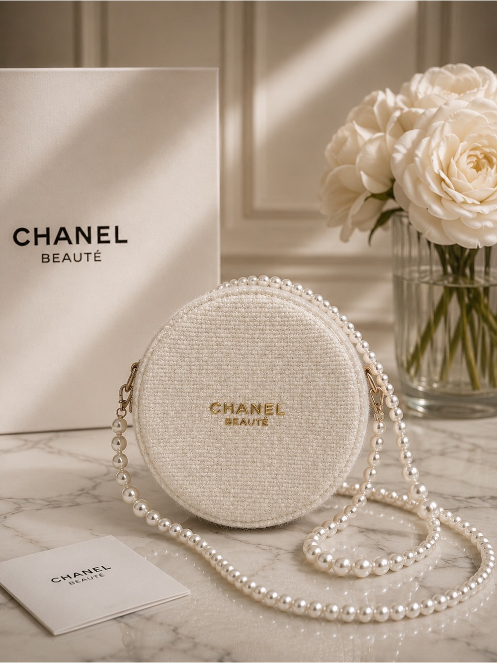 CC beaute White round textured beaute cosmetic case with gold logo